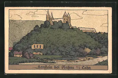 Steindruck-AK Arnstein a. d. Lahn, Blick zur Kirche