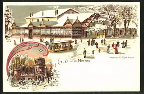 Winter-Lithographie Duisburg, Gasthaus Monning, Aussichtsturm auf dem Kaiserberg