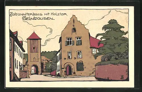 Steindruck-AK Gelnhausen, Johanniterhaus mit Holztor