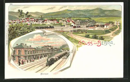 Lithographie Bebra, Bahnhof mit einfahrendem Zug, Ortsansicht