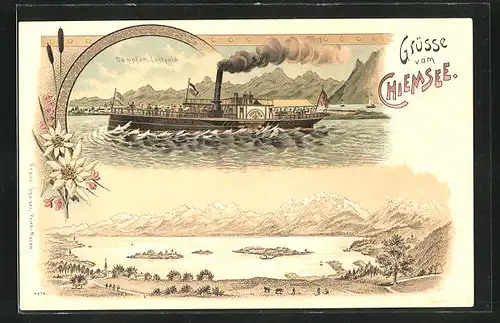 Lithographie Chiemsee, Dampfer Luitpold auf dem Chiemsee, Panorama