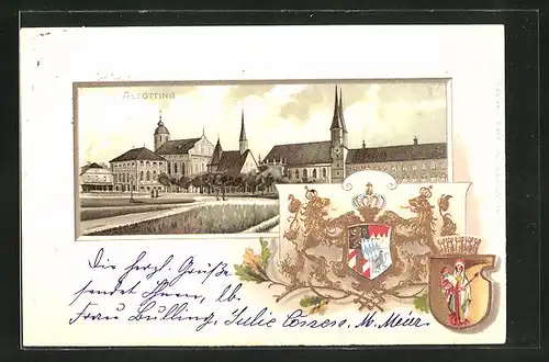 Passepartout-Lithographie Altötting, Strassenpartie an der Kirche, Stadt-Wappen