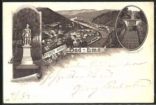 Vorläufer-Lithographie Bad-Ems, 1892, Strecke der Malbergbahn, Kaiser Wilhelm Denkmal