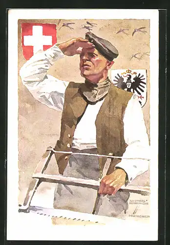Künstler-AK Ludwig Hohlwein: München, Deutsche Internierten-Ausstellung 1918, Handwerker hält Ausschau, Wappen
