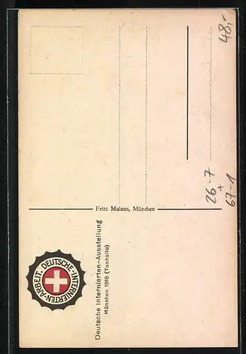 Künstler-AK Ludwig Hohlwein: München, Deutsche Internierten-Ausstellung 1918, Handwerker hält Ausschau, Wappen