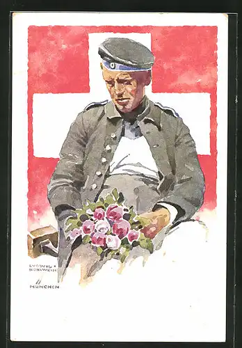 Künstler-AK Ludwig Hohlwein: München, Deutsche Internierten-Ausstellung 1918, Soldat hält einen Strauss Blumen