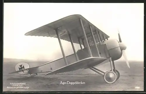 Foto-AK Sanke Nr. 285: Ago-Doppeldecker-Flugzeug auf der Startpiste
