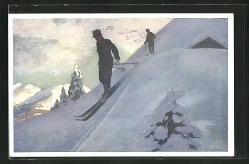 Künstler-AK Otto Barth: Skifahrer bei der Abfahrt
