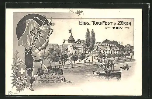 AK Zürich, Eidg. Turnfest 1903, Festhalle, Turner mit Siegeslorbeer