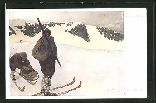 Künstler-AK Otto Barth: "Auf der Rax", Skiwanderer bei einer kurzen Rast