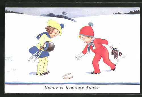 Künstler-AK John Wills: Junge und Mädchen mit Schlittschuhen finden ein Hufeisen im Schnee
