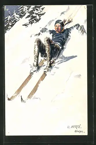 Künstler-AK O. Merte: gestürzter Skifahrer auf der Piste