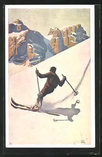 Künstler-AK Otto Barth: Skifahrer im verschneiten Gebirge