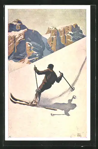 Künstler-AK Otto Barth: Skifahrer im verschneiten Gebirge