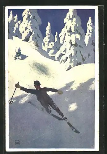 Künstler-AK Otto Barth: Skifahrer auf der verschneiten Piste
