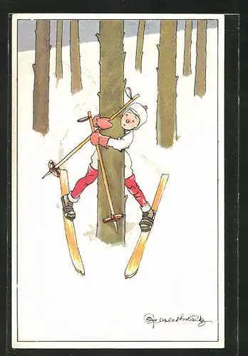 Künstler-AK Skifahrer hält sich an einem Baum fest