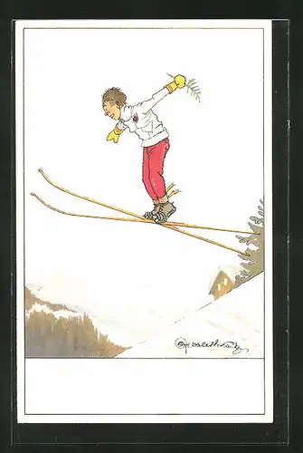 Künstler-AK Kleiner Skispringer im Fluge