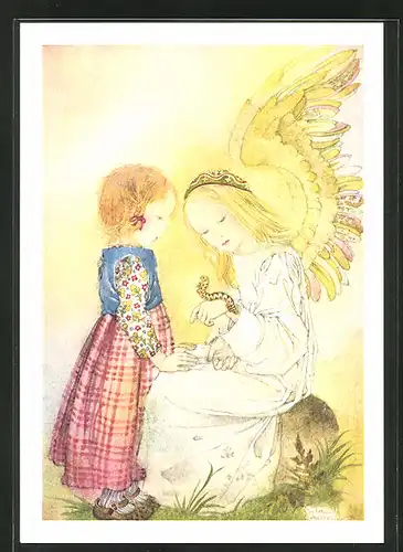 Künstler-AK Sulamith Wülfing: Engel mit kleinem Mädchen und Raupe