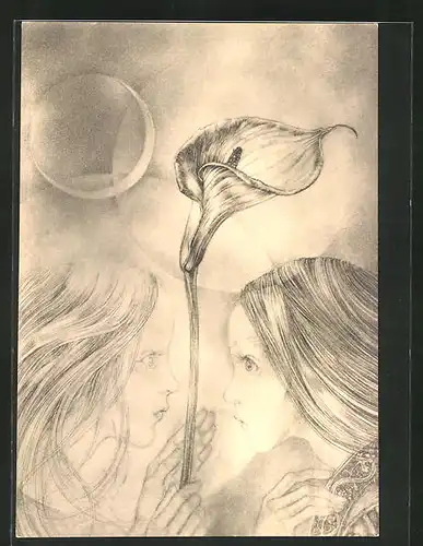 Künstler-AK Sulamith Wülfing: Serie 5 - Blüten, zwei Mädchen mit Blume und Mond