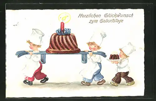 AK Kleine Bäcker tragen einen grossen Schokoladenkuchen zum Geburtastag
