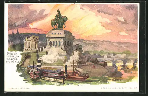 Künstler-AK C. Pfaff: Coblenz, Kaiser Wilhelm-Denkmal, Dampfer auf dem Rhein