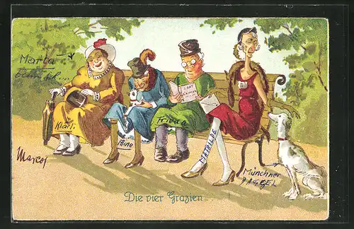 AK Ältere Damen sitzen auf einer Bank, "Die vier Grazien...", frauenfeindlicher Humor