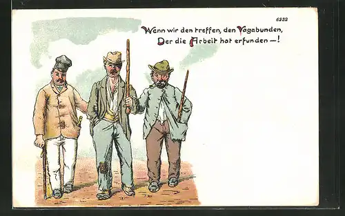 Künstler-AK Bruno Bürger & Ottillie Nr.: Drei Männer in zerschlissener Kleidung mit Stöcken