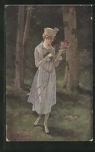 Künstler-AK R. Borrmeister: Frau mit Hut und Blume