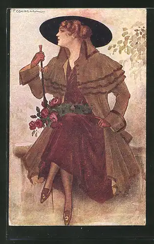 Künstler-AK Tito Corbella: Elegante Dame in Mantel und Hut mit roten Rosen
