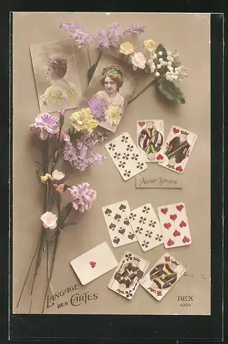 AK Sprache der Karten, Verschiedene Karten eines Kartenspiel, Blumen mit Bildern junger Frauen