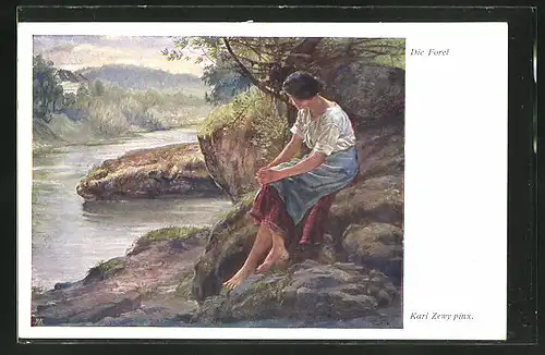 Künstler-AK Carl Zewy: Frau auf Felsen am Fluss sitzend