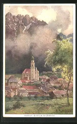 Künstler-AK Rudolf Alfred Höger: Toblach, Kirche im Ortsbild