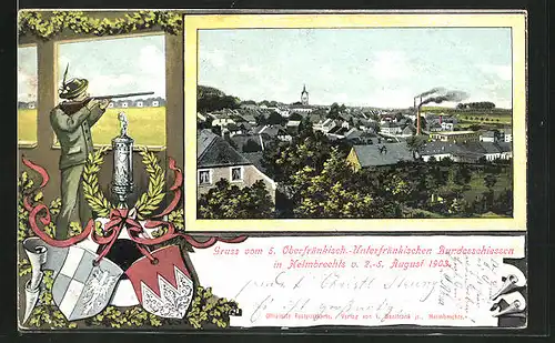 AK Helmbrechts, 5. Oberfränkisch.-Unterfränkischis Bundesschiessen 1903, Schütze mit angelegtem Gewehr im Passepartout