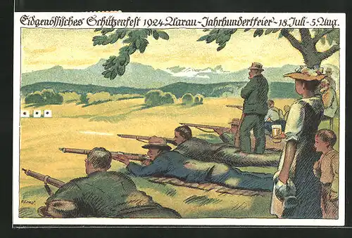 Künstler-AK Eidgenössisches Schützenfest 1924, Aarau-Jahrhundertfeier, 18. Juli - 5. Aug., Schützen schiessen auf Ziele