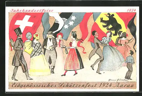 Künstler-AK Eidgenössisches Schützenfest 1924 Aarau, Jahrhundertfeier, Teilnehmer tanzen vor Fahnen