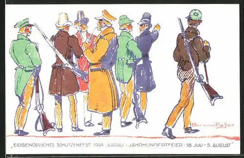 Künstler-AK Eidgenössisches Schützenfest 1924 Aarau, Jahrhundertfeier 18. Juli - 5. August, Schützen mit Gewehr