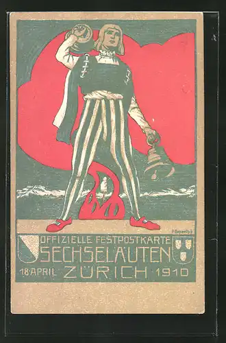 Künstler-AK Zürich, Sechseläuten 18.4.1910, Schweizer mit Glocken