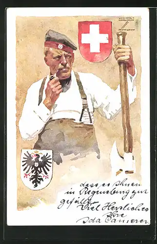 Künstler-AK Ludwig Hohlwein: München, Deutsche Internierten-Ausstellung 1918 in der Tonhalle, Veteran mit Axt
