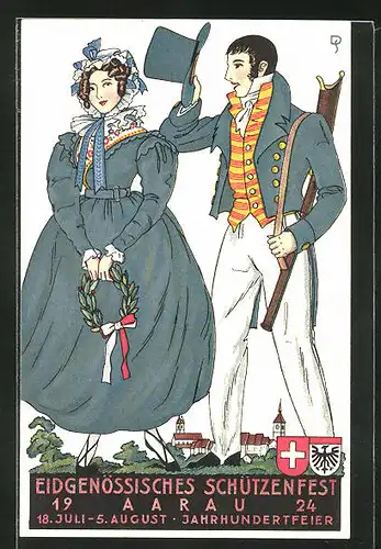 Künstler-AK Aarau, Eidgenössisches Schützenfest 1924, Schütze zieht den Hut vor einer Dame