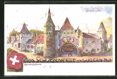 Künstler-Lithographie Luzern, Eid. Schützenfest 1901, Gesamtansicht der grossen Festhalle