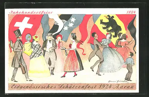 Künstler-AK Aarau, Eidgen. Schützenfest 1924, Jahrhundertfeier, Feiernde tanzen in Trachten, Länderflaggen