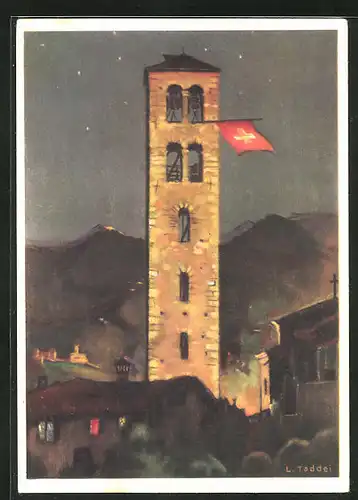 Künstler-AK Schweizer Bundesfeier 1938, Turm mit Schweizer Flagge
