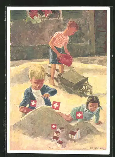 AK Schweizer Bundesfeier 1937, Für das Schweizerische Rote Kreuz, Kinder im Sandkasten
