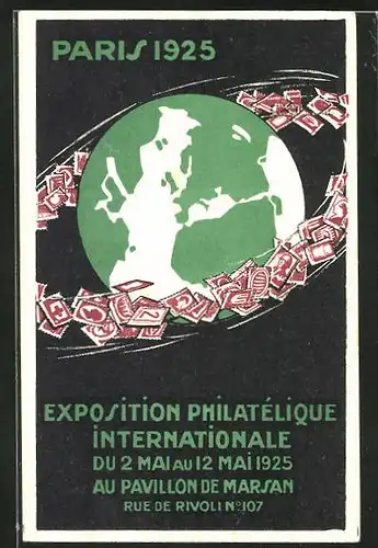 AK Paris, Exposition Philatelique Internationale, Ausstellung 1925, Briefmarken umschwirren den Globus, Ganzsache