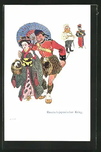 AK Schottischer Soldat geht mit einer japanischen Geisha spazieren, Russisch-Japanischer Krieg