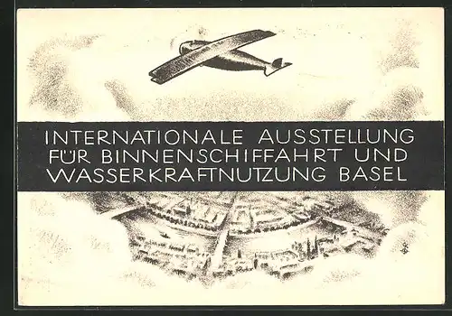 Künstler-AK Basel, Internationale Ausstellung für Binnenschiffahrt und Wasserkraftnutzung, Flugzeug