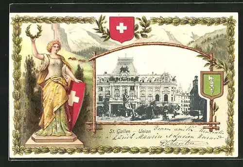 Passepartout-Lithographie St. Gallen, Union und Frau mit Kranz und Wappen