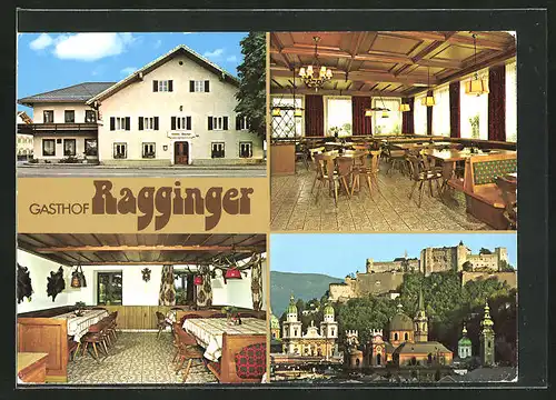 AK Viehhausen, Gasthof Ragginger mit Innenansichten, Teilansicht auf Ort
