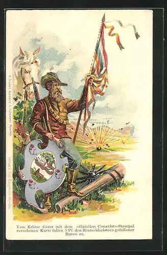 Lithographie Buren-General mit Fahne, Burenkrieg