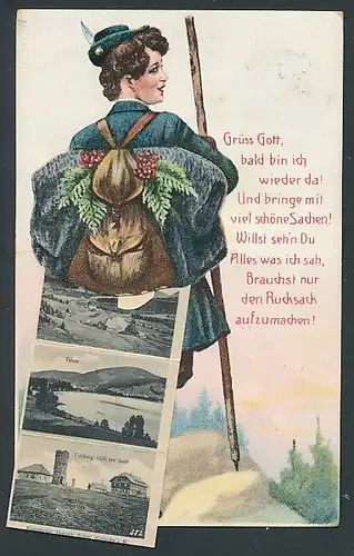 Leporello-Künstler-AK Arthur Thiele: Freiburg, Wanderin mit Rucksack voller Ansichten, Gasthaus zum Himmelreich, Waldsee